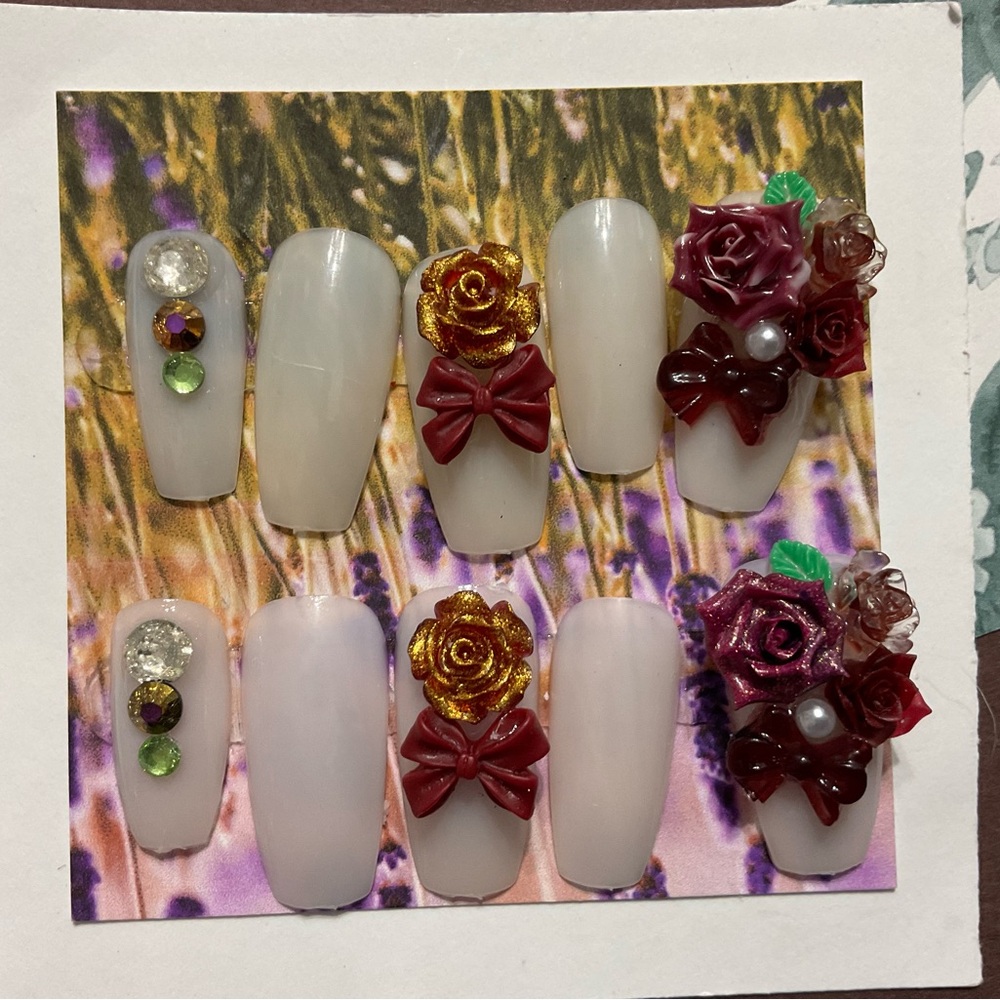 Floral Press On Nails Set, Gold & Red Accents-Opposite of Violet Collection-#081